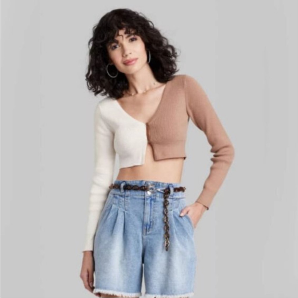Target Wild Fable Cropped Cardigan Sweater Light Brown Colorblock Size S NWT
